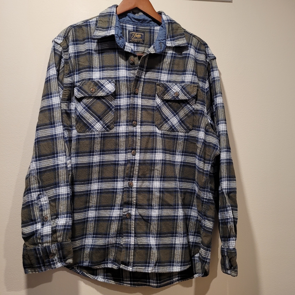 Jachs MFG Heritage Heavyweight Flannel Shirt Mens XL Plaid Button Down Green Blu